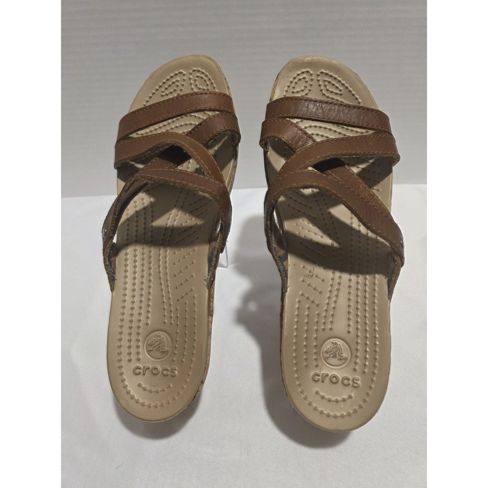 Crocs Brown A-Leigh Cork 11847 Women's Wedge Strappy Sandals. Size 8